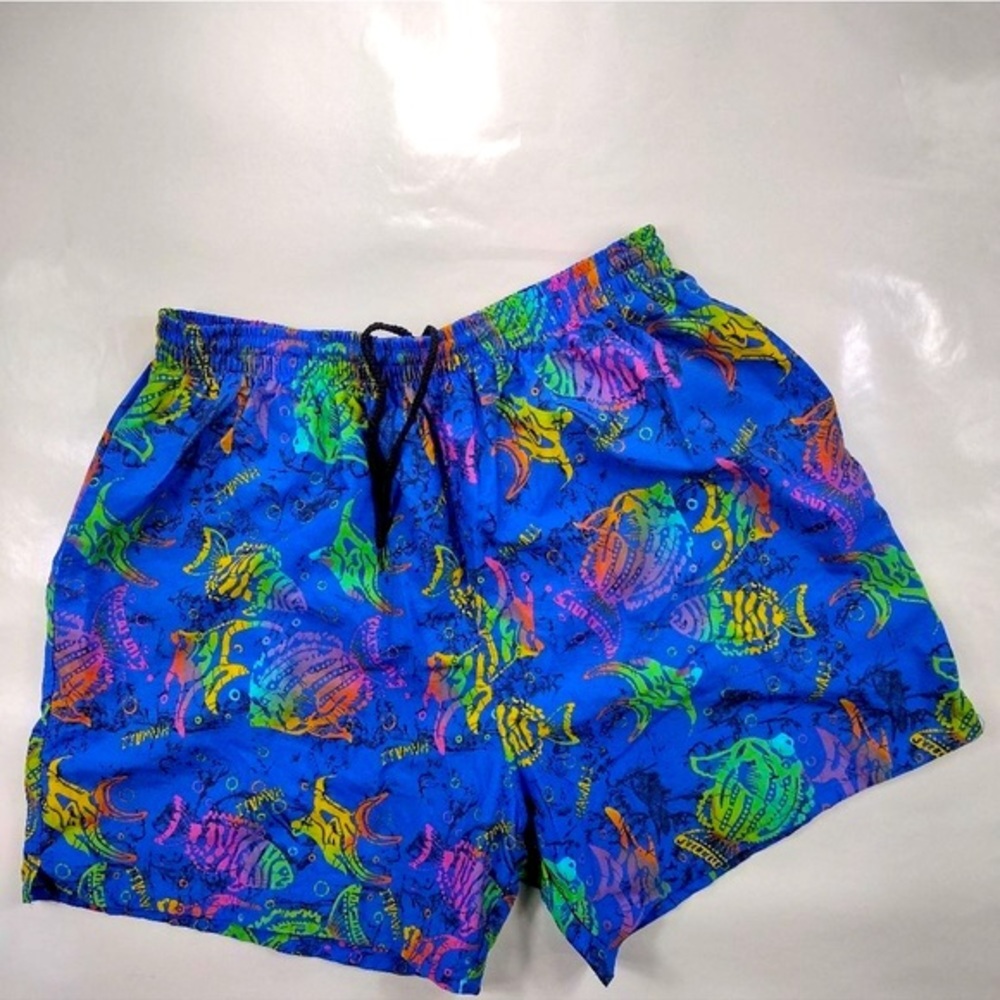 Sea Waves Vintage 80s Neon Fish Print Swimming Trunks Unisex